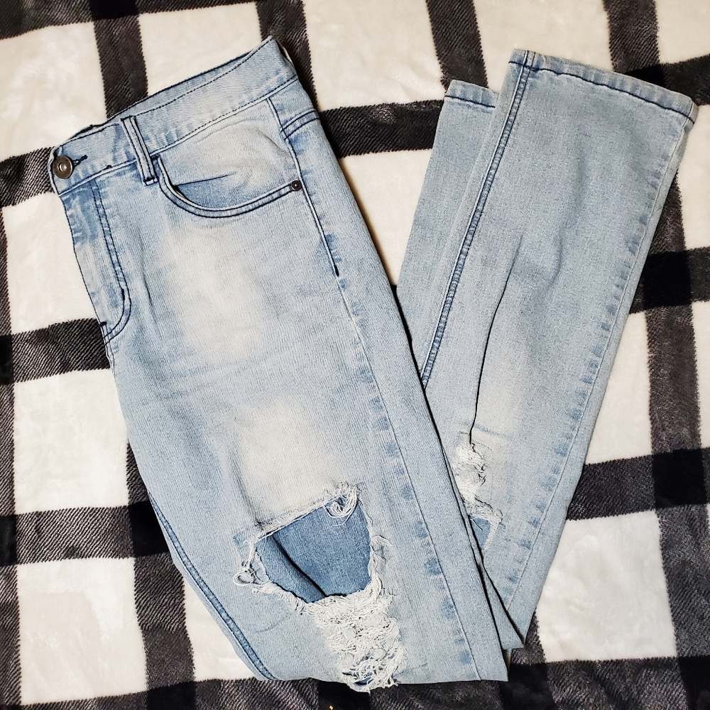 KAYDEN K Light Blue Ripped & Patched Slim Jeans